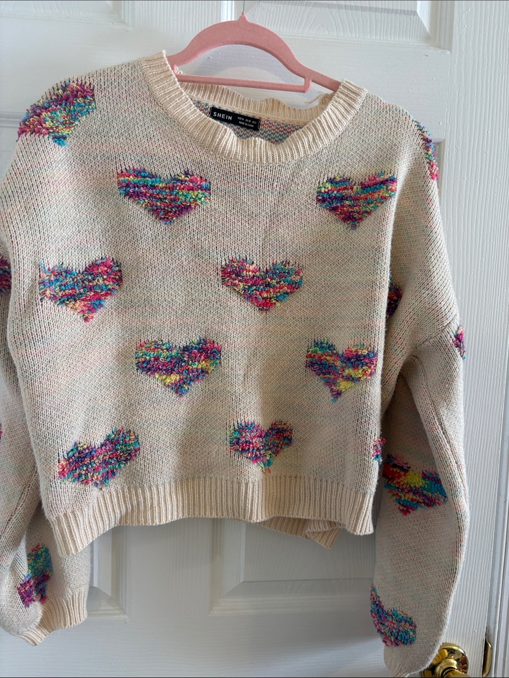 SHEIN Cream Cropped Sweater with Multicolor Fuzzy Hearts